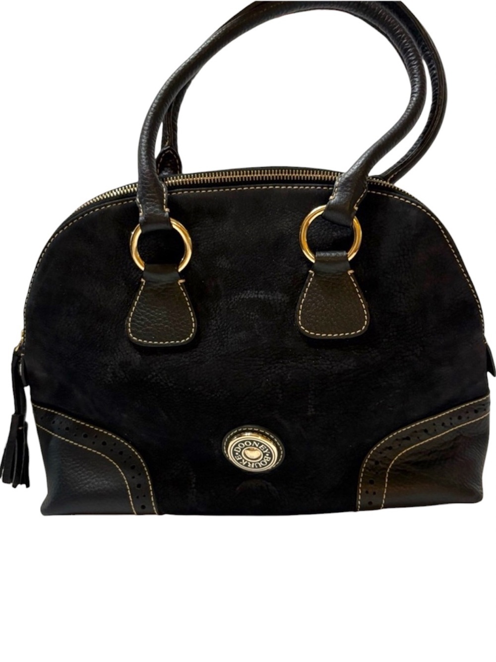 Dooney & Bourke Black Leather Dome Satchel with Tassel and Gold Hardware